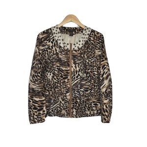 Marisa Christina Womens Zip Front Jacket Size L Animal Print Embellished Career